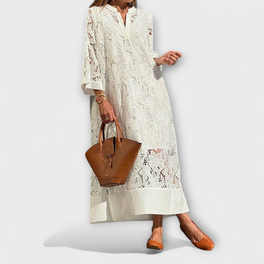 Vestido Largo Mujer de Encaje Floral Cuello en V Mangas Acampanadas - Mavetta