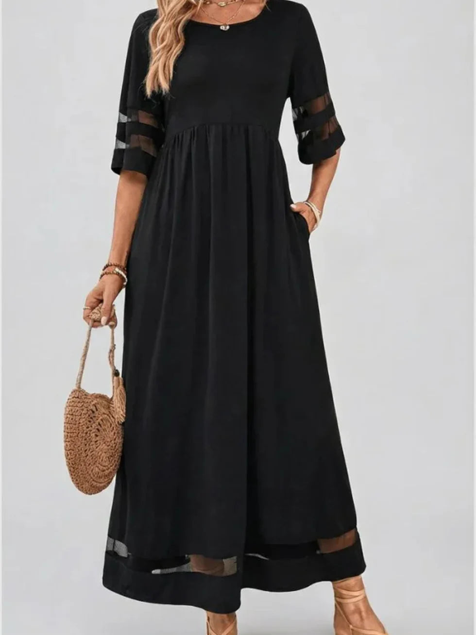 Vestido midi mujer suelto mangas transparentes