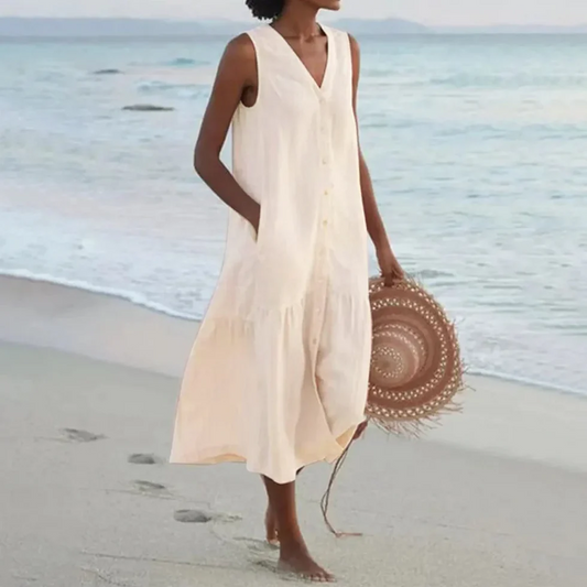 Vestido midi mujer sin mangas con bolsillos - Mavetta