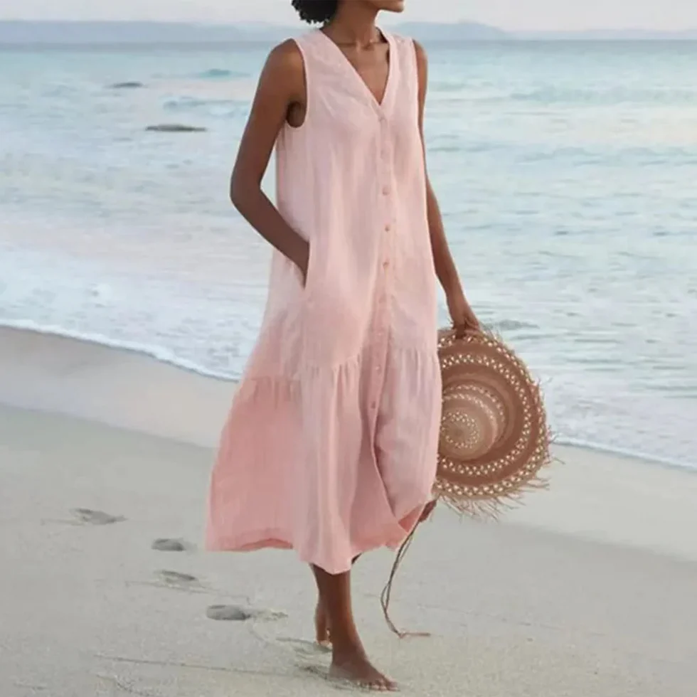 Vestido midi mujer sin mangas con bolsillos