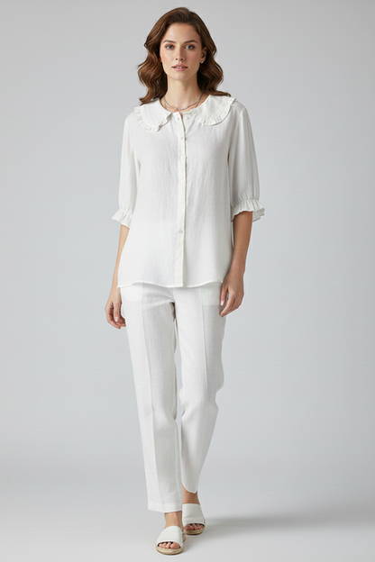 Camisa Mujer Casual Algodón Cuello Volante Botones