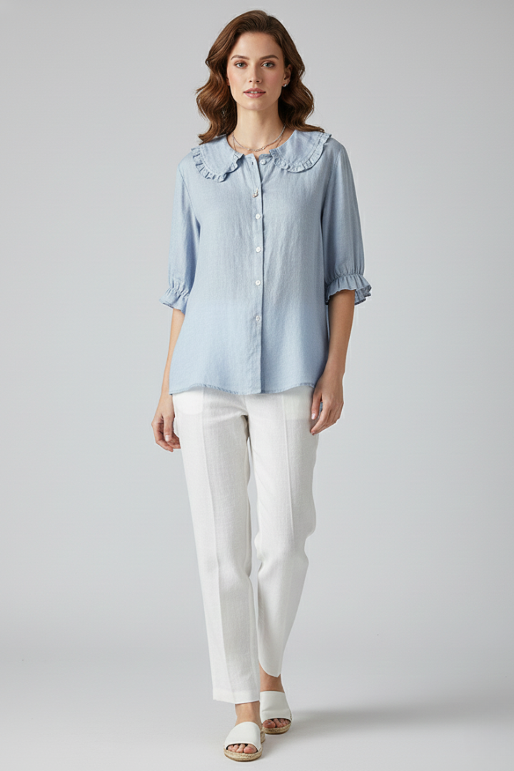 Camisa Mujer Casual Algodón Cuello Volante Botones