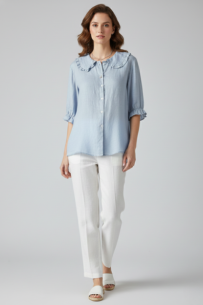 Camisa Mujer Casual Algodón Cuello Volante Botones