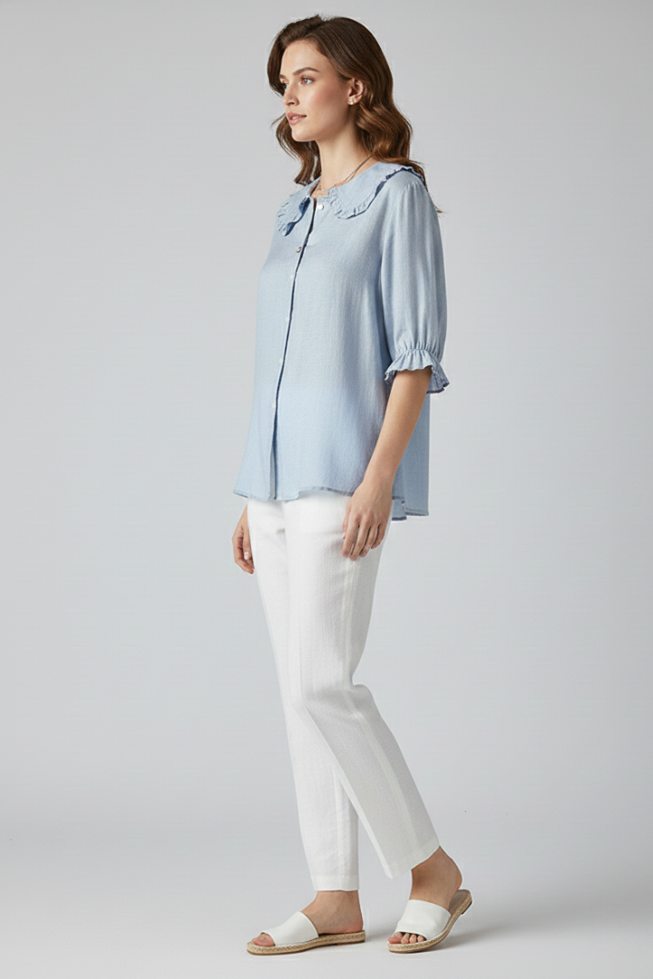 Camisa Mujer Casual Algodón Cuello Volante Botones