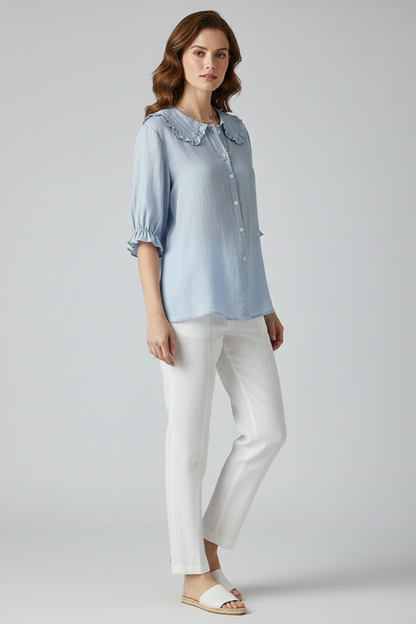 Camisa Mujer Casual Algodón Cuello Volante Botones