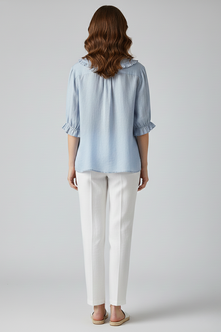 Camisa Mujer Casual Algodón Cuello Volante Botones