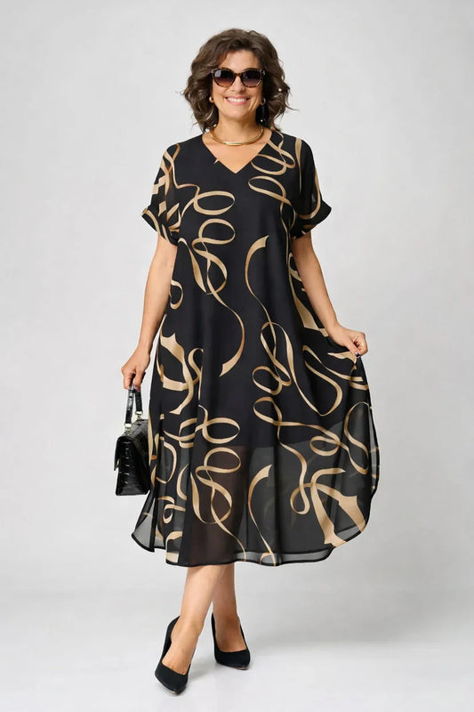 Vestido midi mujer estampado cuello en V holgado - Mavetta