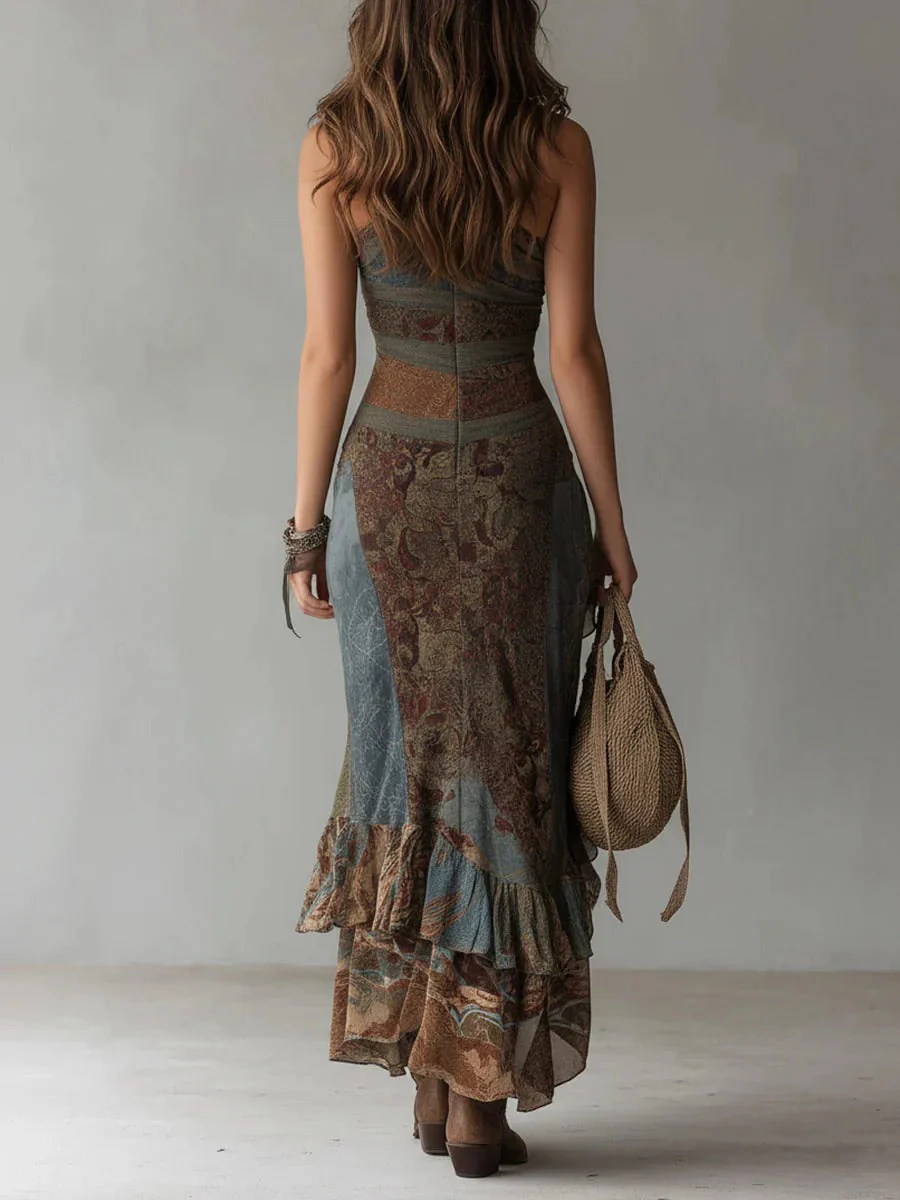 Vestido Mujer de Tela Estampada Un Hombro