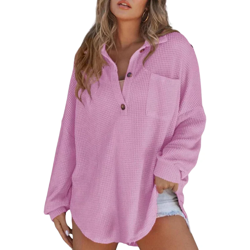 Mujer de Tejido Waffle Cuello en V y Botones