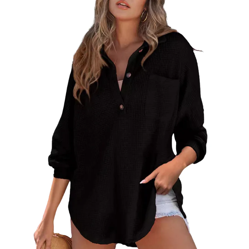 Mujer de Tejido Waffle Cuello en V y Botones