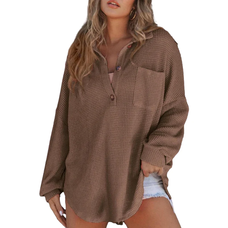 Mujer de Tejido Waffle Cuello en V y Botones