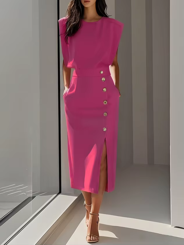 Vestido Midi Mujer Sin Mangas Botones Cintura Alta