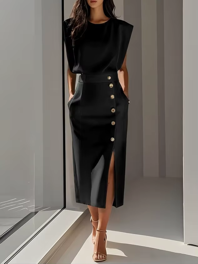 Vestido Midi Mujer Sin Mangas Botones Cintura Alta