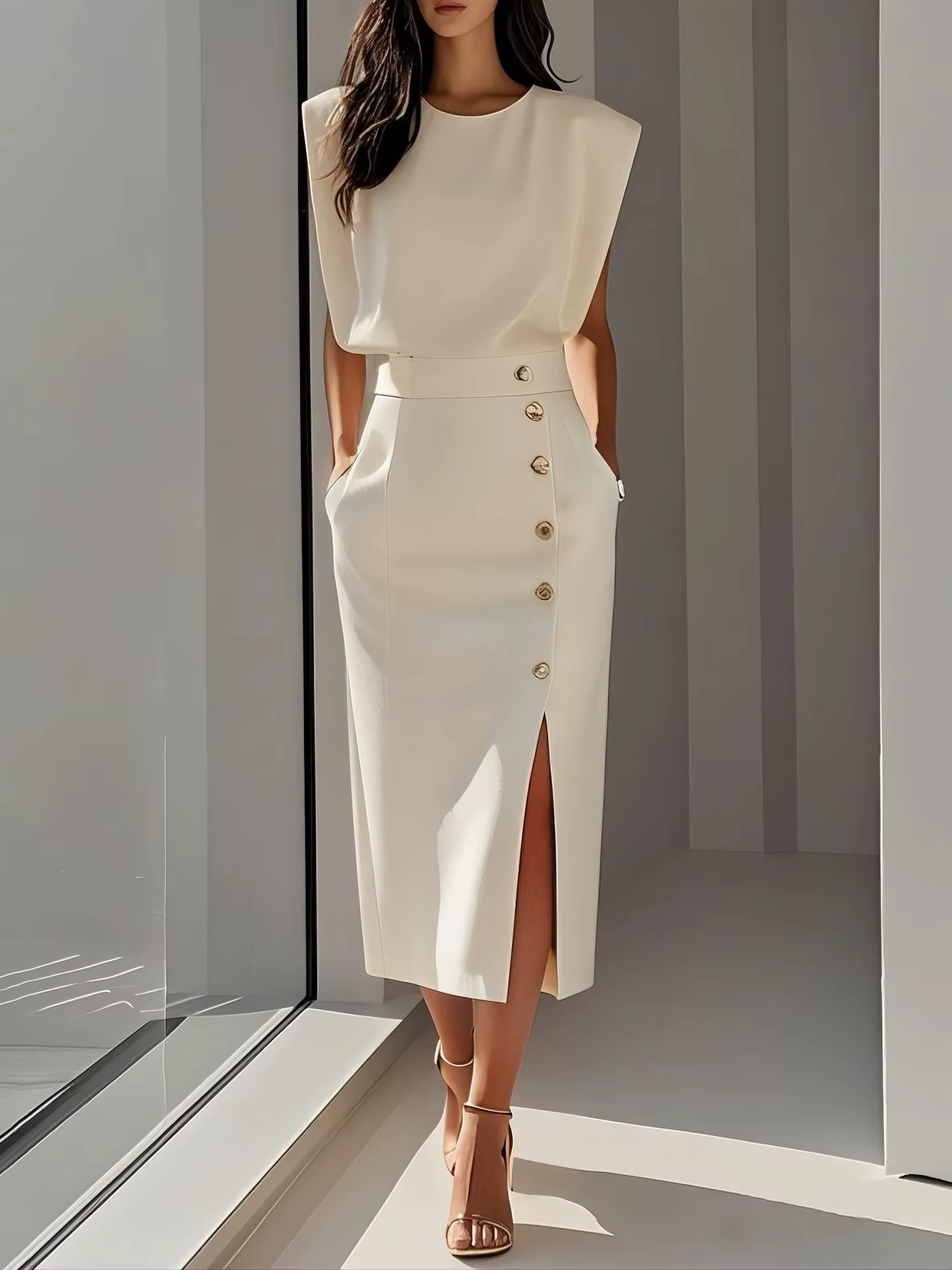 Vestido Midi Mujer Sin Mangas Botones Cintura Alta - Mavetta