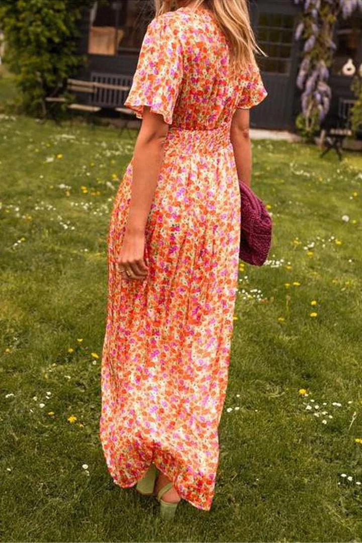 Vestido maxi mujer con estampado floral cuello en V manga globo
