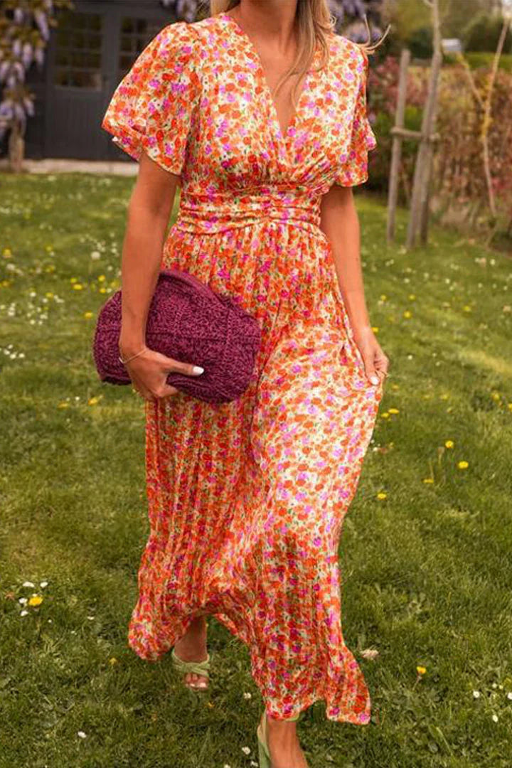 Vestido maxi mujer con estampado floral cuello en V manga globo