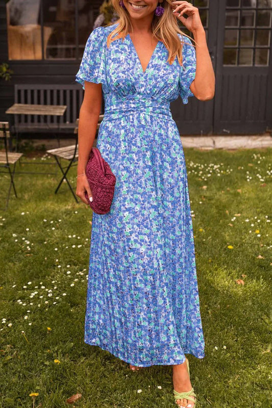 Vestido maxi mujer con estampado floral cuello en V manga globo - Mavetta