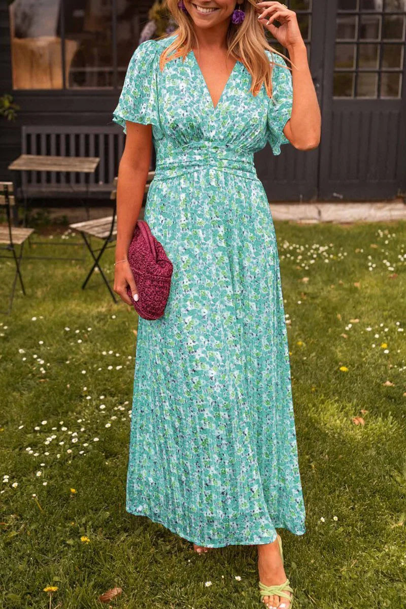 Vestido maxi mujer con estampado floral cuello en V manga globo
