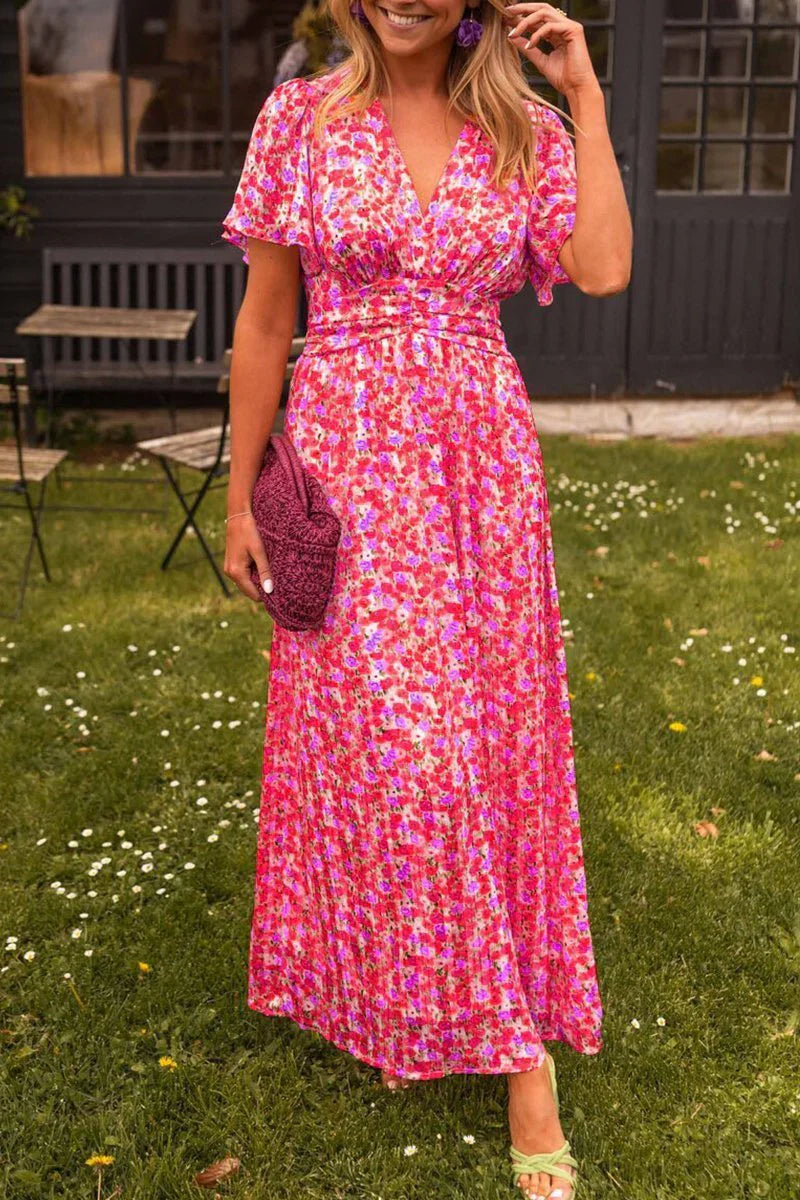 Vestido maxi mujer con estampado floral cuello en V manga globo