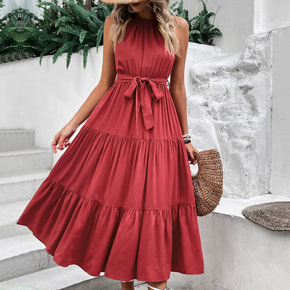 Vestido Largo Mujer Casual Sin Mangas Lazo Ajuste Primavera Verano