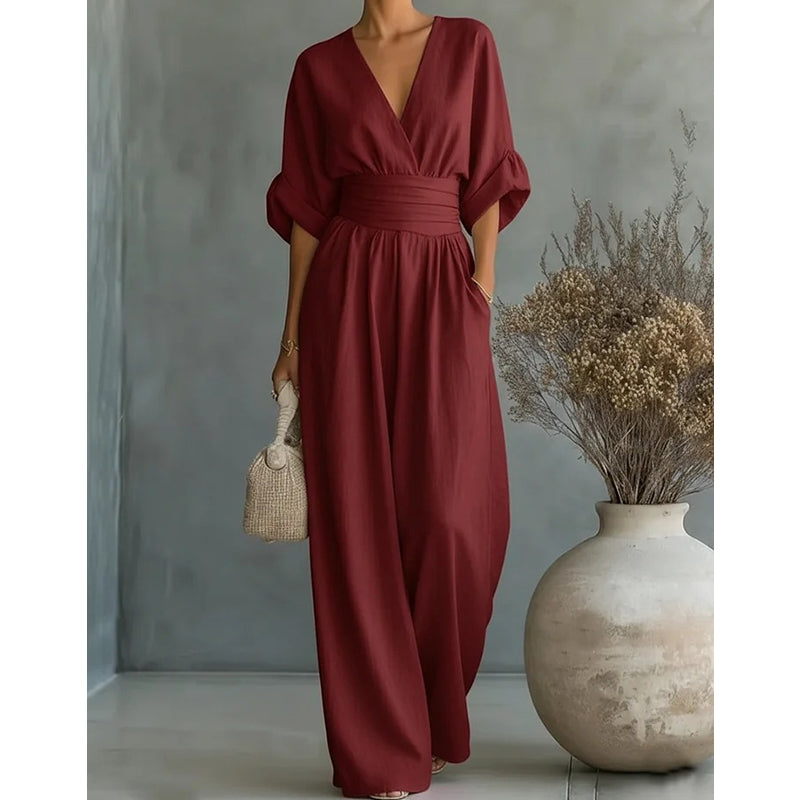 Mono mujer Pantalón ancho Cintura alta Escote en V