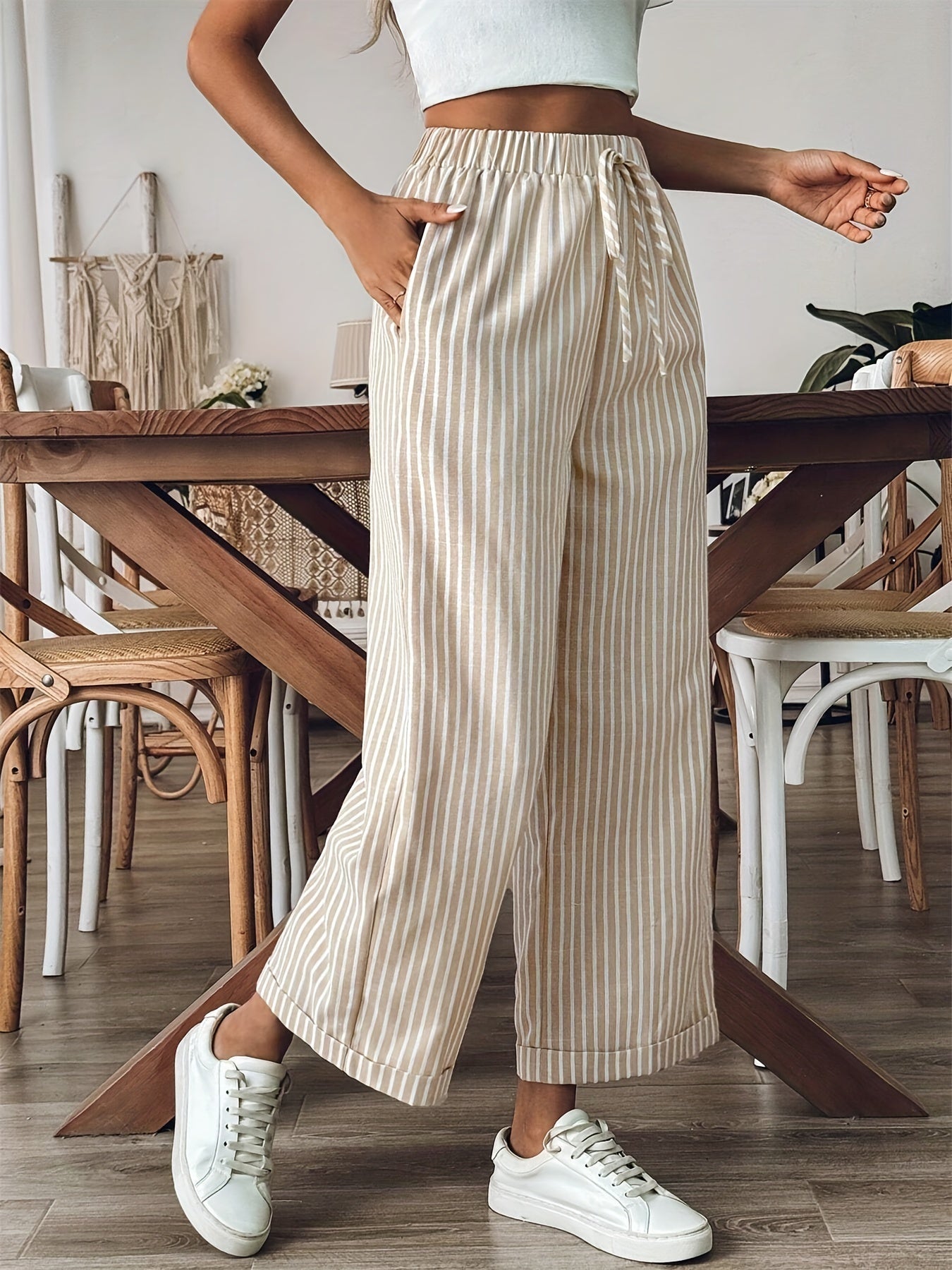 Pantalón Fluido Mujer Rayas Cintura Ajustable