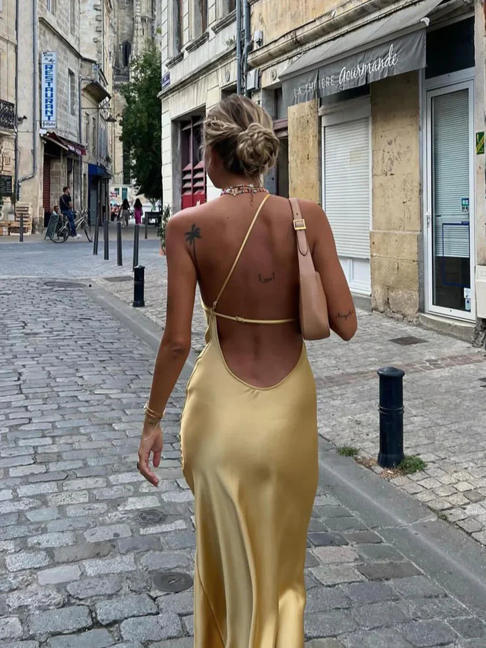 Vestido maxi mujer de satén espalda descubierta