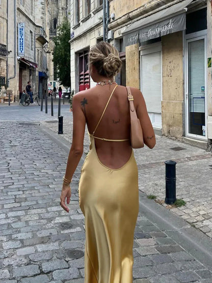 Vestido maxi mujer de satén espalda descubierta