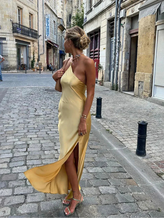 Vestido maxi mujer de satén espalda descubierta - Mavetta