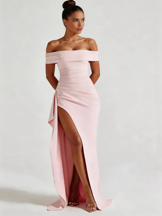 Vestido maxi mujer hombros caídos abertura lateral - Mavetta