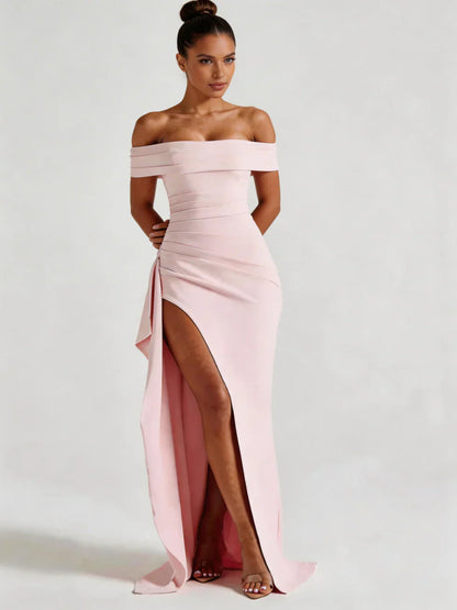 Vestido maxi mujer hombros caídos abertura lateral