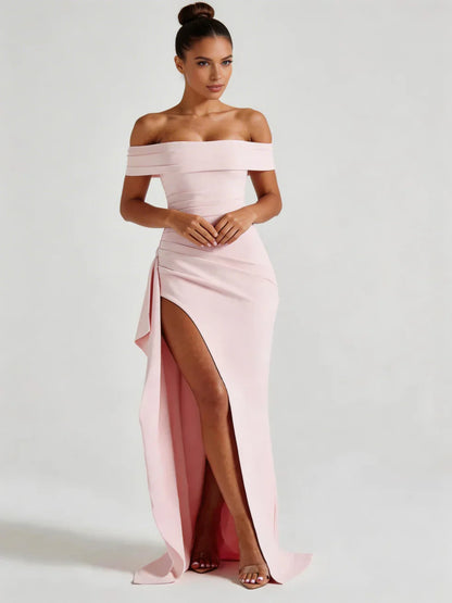 Vestido maxi mujer hombros caídos abertura lateral