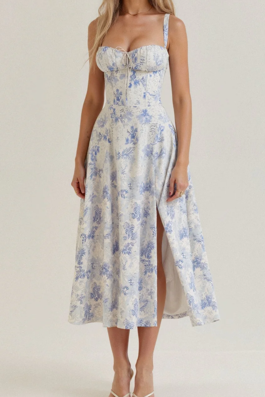 Vestido midi mujer de corsé y tejido floral con abertura