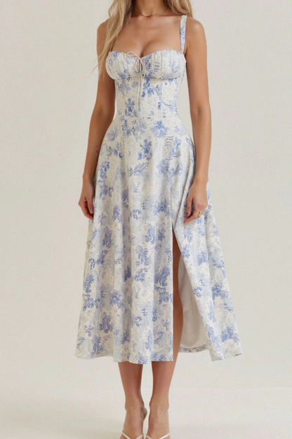 Vestido midi mujer de corsé y tejido floral con abertura