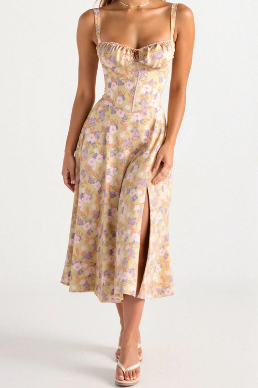 Vestido midi mujer de corsé y tejido floral con abertura - Mavetta