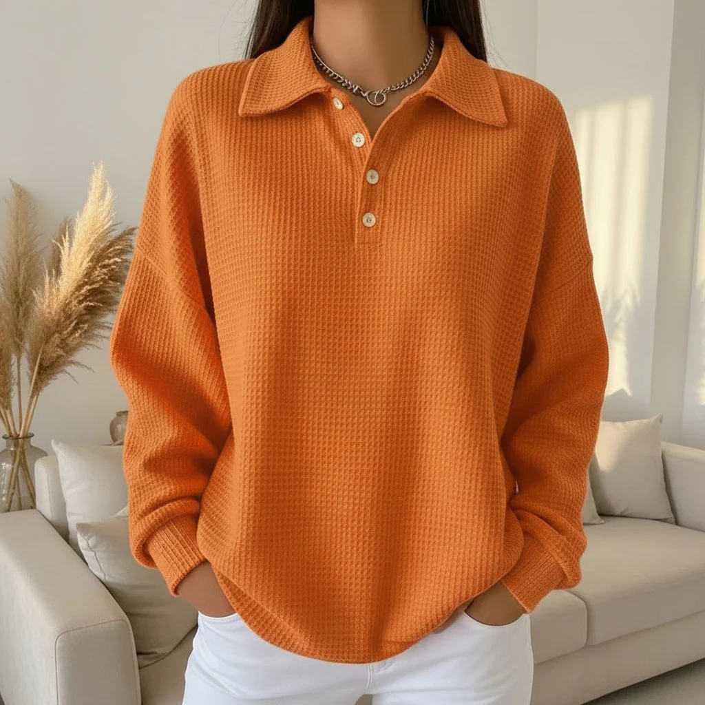 mujer de tejido waffle estilo polo con botones