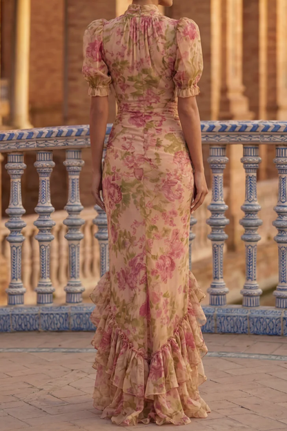 Vestido Maxi Mujer con Volantes y Cuello Alto