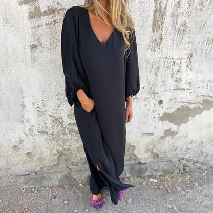 Vestido largo Mujer fluido escote en V mangas abullonadas