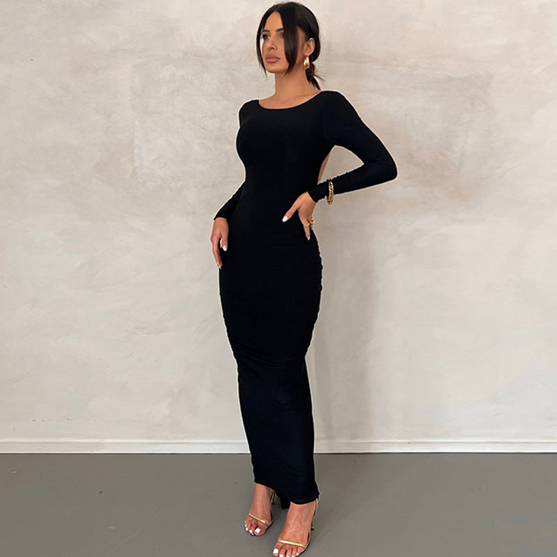Vestido Mujer Invitada Boda Manga Larga Escote Espalda