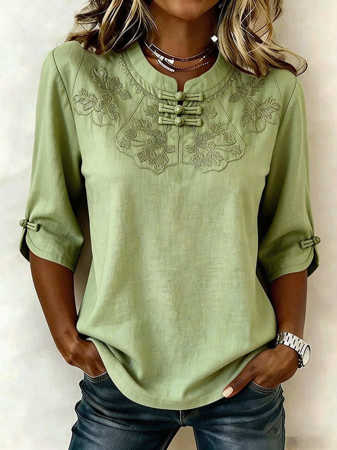 Blusa mujer de algodón y lino bordado estilo cómodo - Mavetta