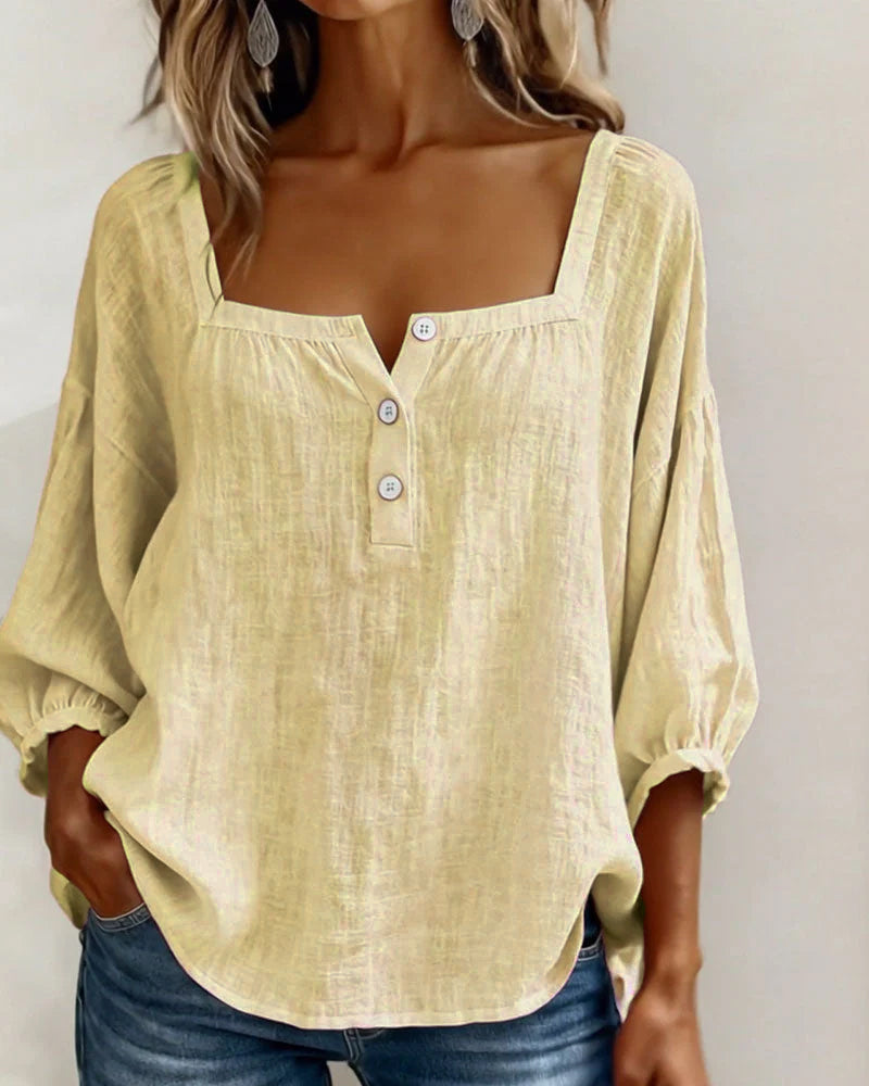 Blusa Mujer Escote Cuadrado Botones Ajuste Clasico