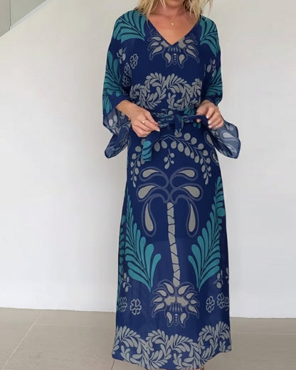 Vestido maxi mujer fluido estampado hojas estilo bohemio