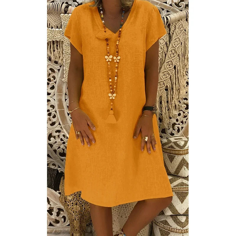 Vestido midi mujer Suave cuello en V mangas cortas