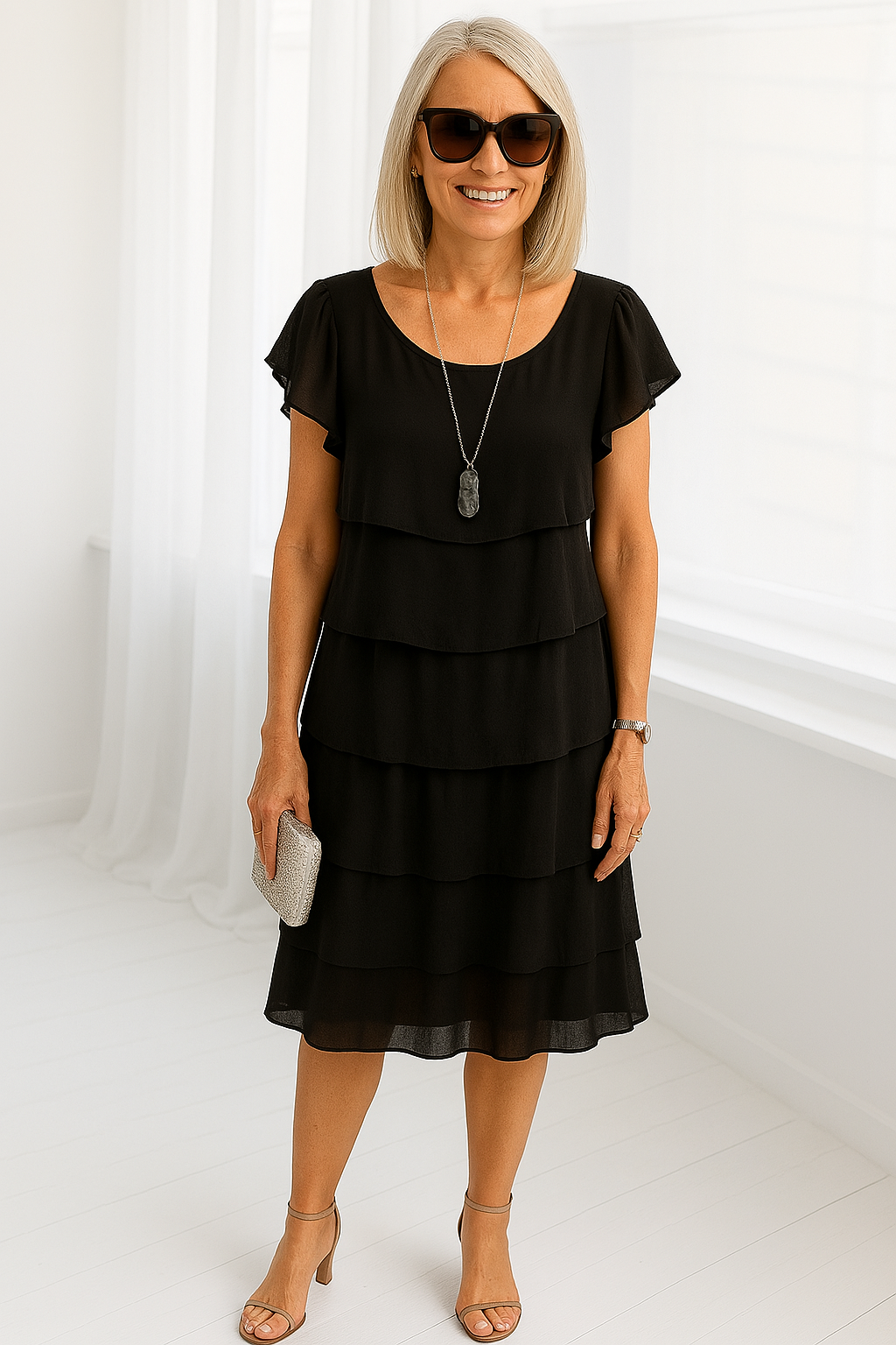 Vestido midi mujer con capas y manga corta