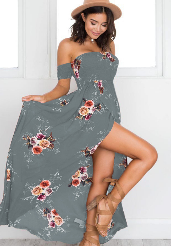 Vestido Largo Mujer Estampado Floral Hombros Descubiertos Bohemio