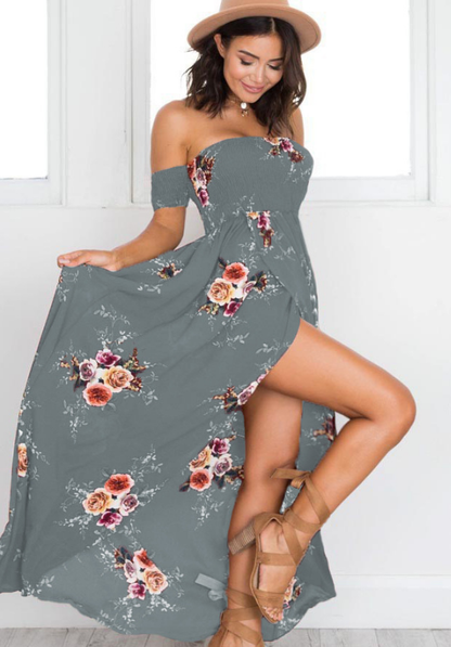 Vestido Largo Mujer Estampado Floral Hombros Descubiertos Bohemio