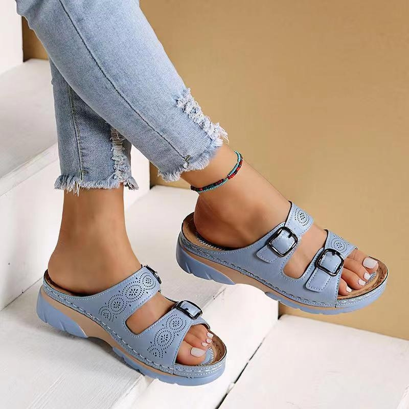 Sandalias Cuña Mujer Doble Hebilla Plataforma Antideslizante