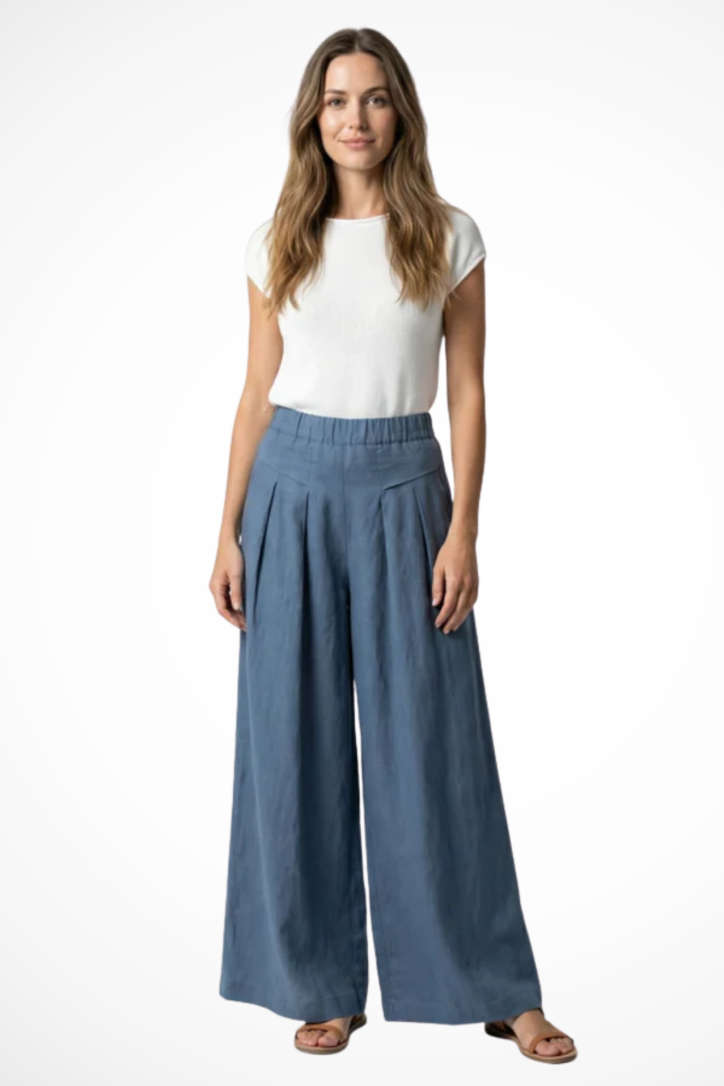 Pantalones Mujer Pata Ancha Pliegues Frontales Cintura Alta