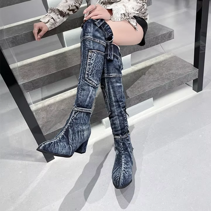 Botas Mujer Caña Alta Puntera Afilada Diseño Patchwork