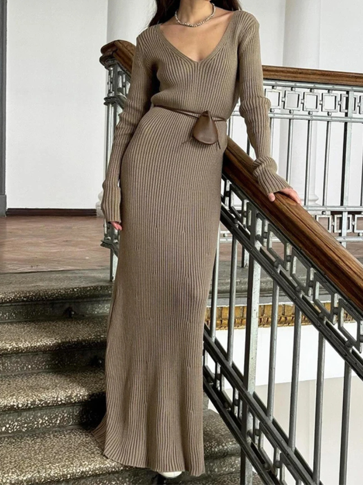 Vestido largo mujer de punto acanalado cuello en v manga larga